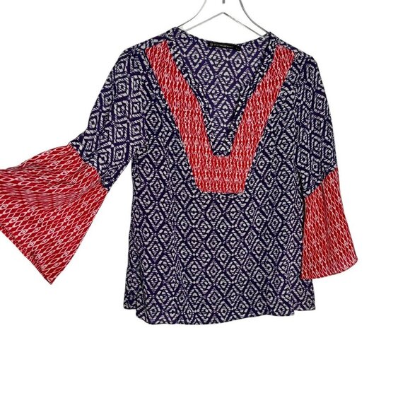 ViX Paula Hermanny Tunic Top size small Red Purple silk v-neck 3/4 bell sleeve - Picture 1 of 9